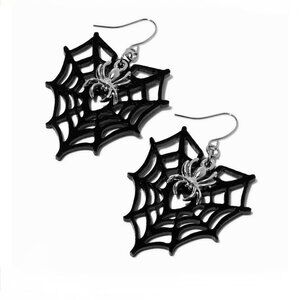 Black Spiderweb Heart Silver Spiders Drop Earrings NEW Halloween Party Costume